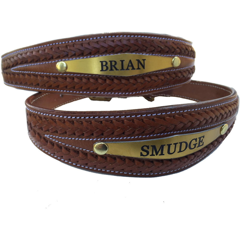 Plaited Leather Dog Collar with Custom Name Plate