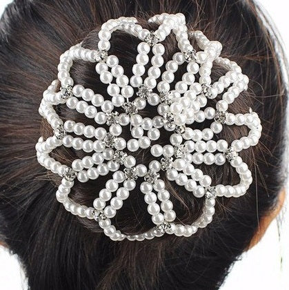 Pearl Hair Bun Net - with Crystals