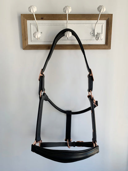 Black Leather Halter - Rose Gold Fittings with Engraved Horse Nameplate