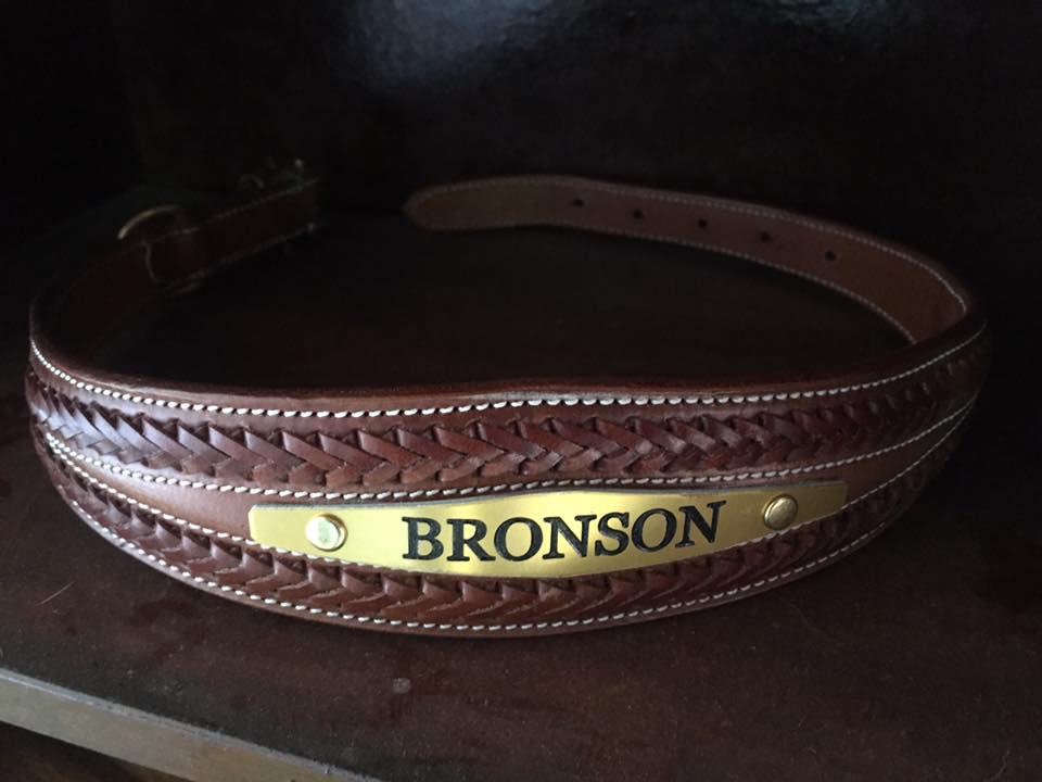 Tan Plaited Leather Dog Collar with Custom Name Plate